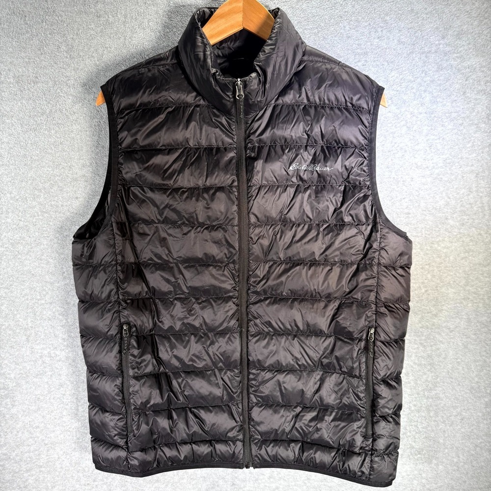 Eddie Bauer Down EB650 Puffer Vest Mens Large Black Full Zip Mock Neck Outdoor
